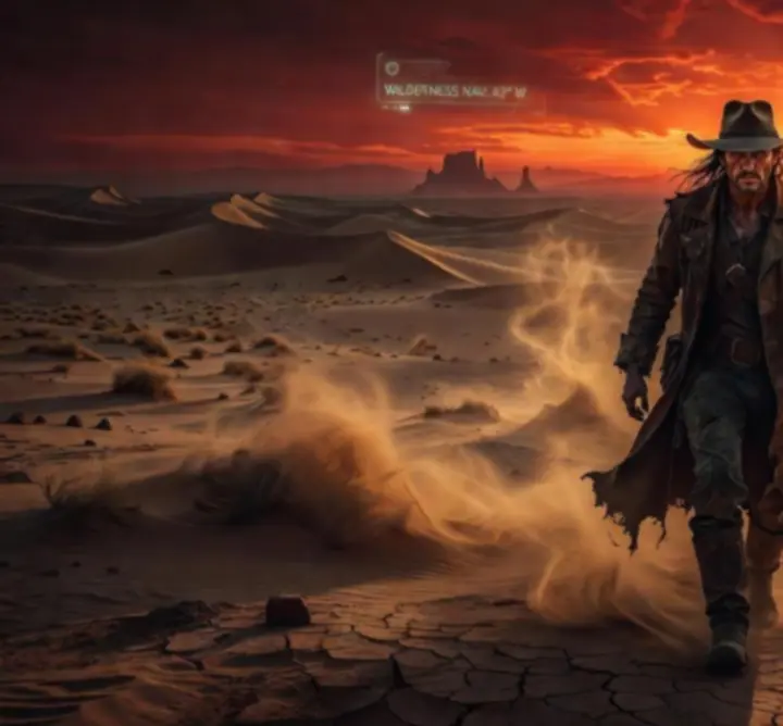 Cinematiczna scena z gry Far Far West podkreślająca atmosferę zachodniego survivalu