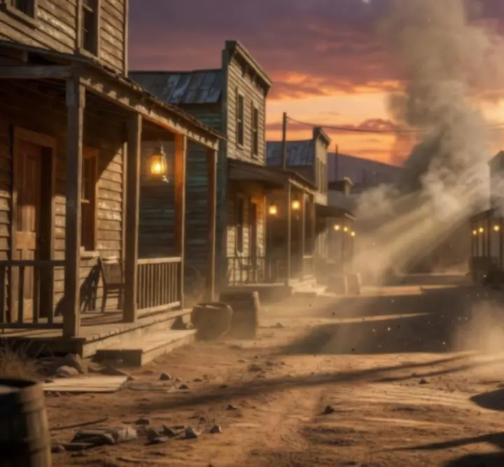 Cinematiczne ujęcie z Far Far West z dramatycznym oświetleniem i westernową stylistyką