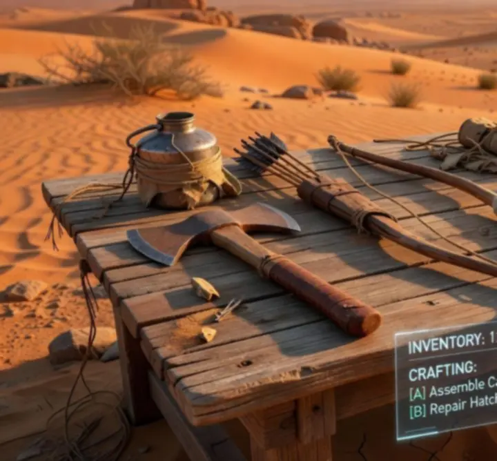 Interfejs systemu rzemiosła Far Far West z ekwipunkiem i materiałami do craftingu