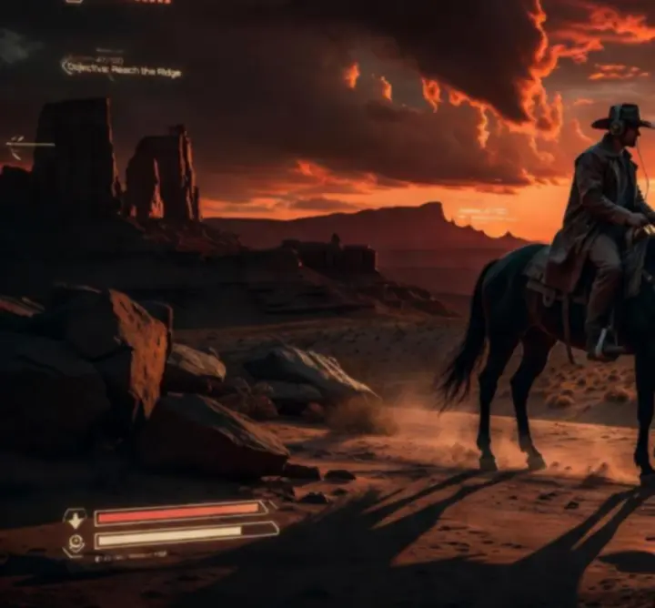 Cinematiczna scena z gry Far Far West na tle zachodu słońca nad pustynią