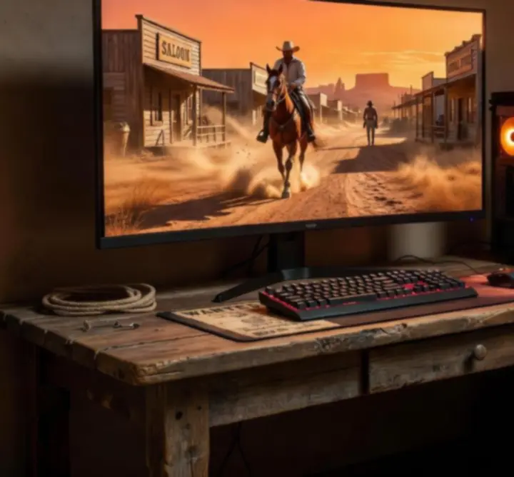 Stanowisko PC z klimatem westernowym i uruchomioną grą Far Far West
