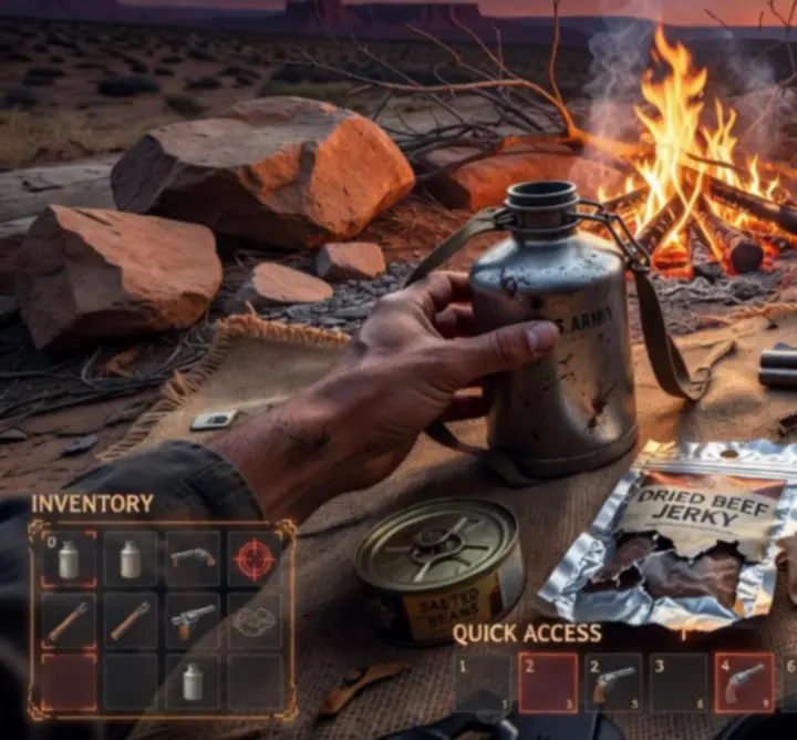 Interfejs z poradami survivalowymi i ekwipunkiem gracza Far Far West